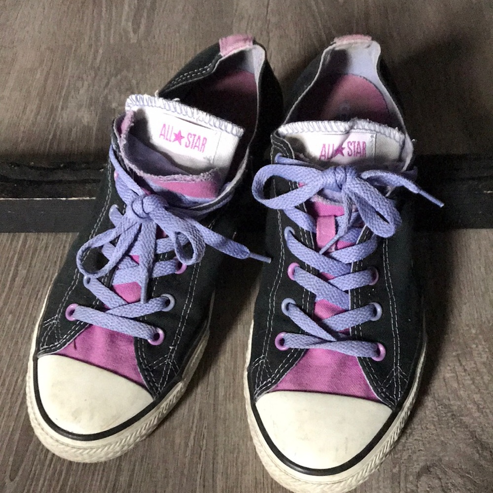 Purple and black converse